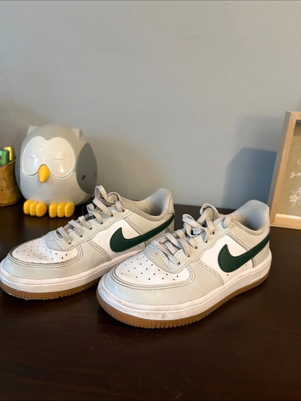Nike Kids Low-Top Sneakers in White with Dark Green Swoosh